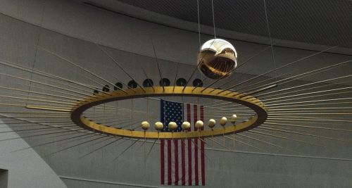 The Foucault pendulum in the lobby of the Oregon Convention Center.
